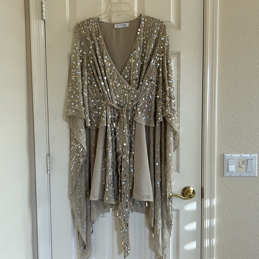 Mac Duggal Cape Back Fringe Beaded Robe Dress